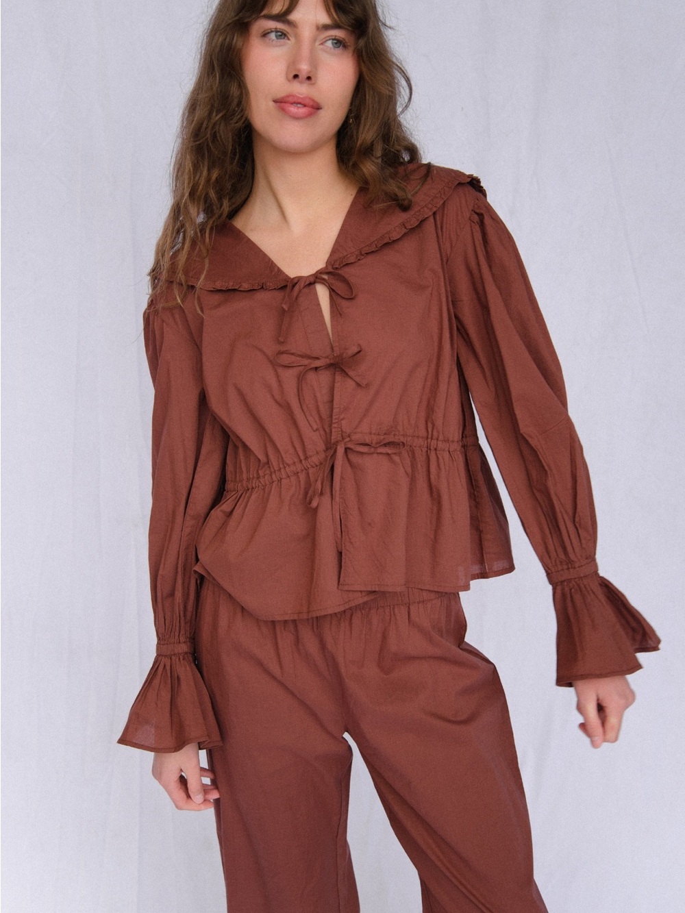 100% Cotton Ysidra Set - Chocolate Brown Peasant Top and Pants Set
